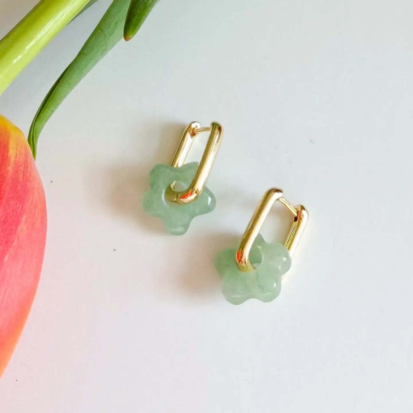 Stone Flower Hoops Earrings: Green Adventurine