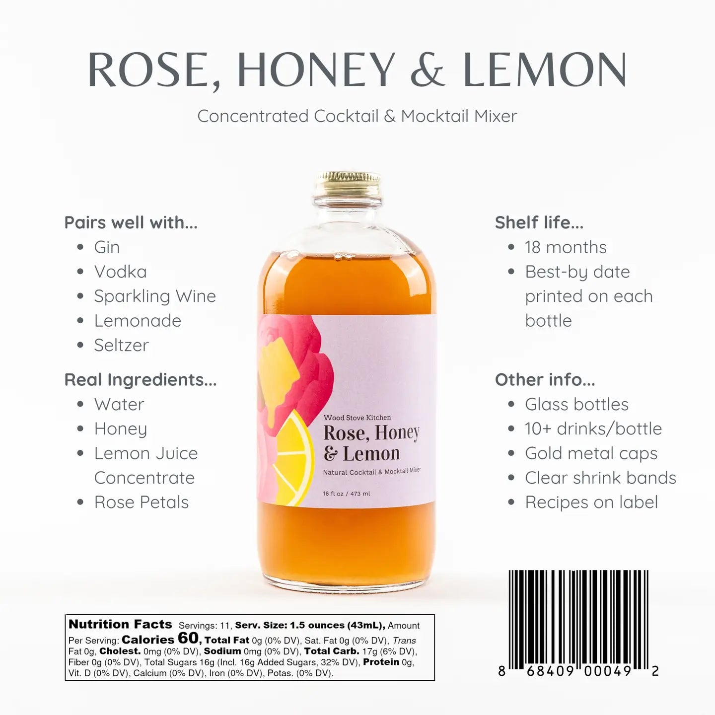 Cocktail/Mocktail Mixer - Rose, Honey, & Lemon