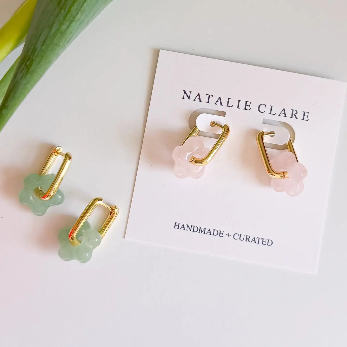 Stone Flower Hoops Earrings: Green Adventurine