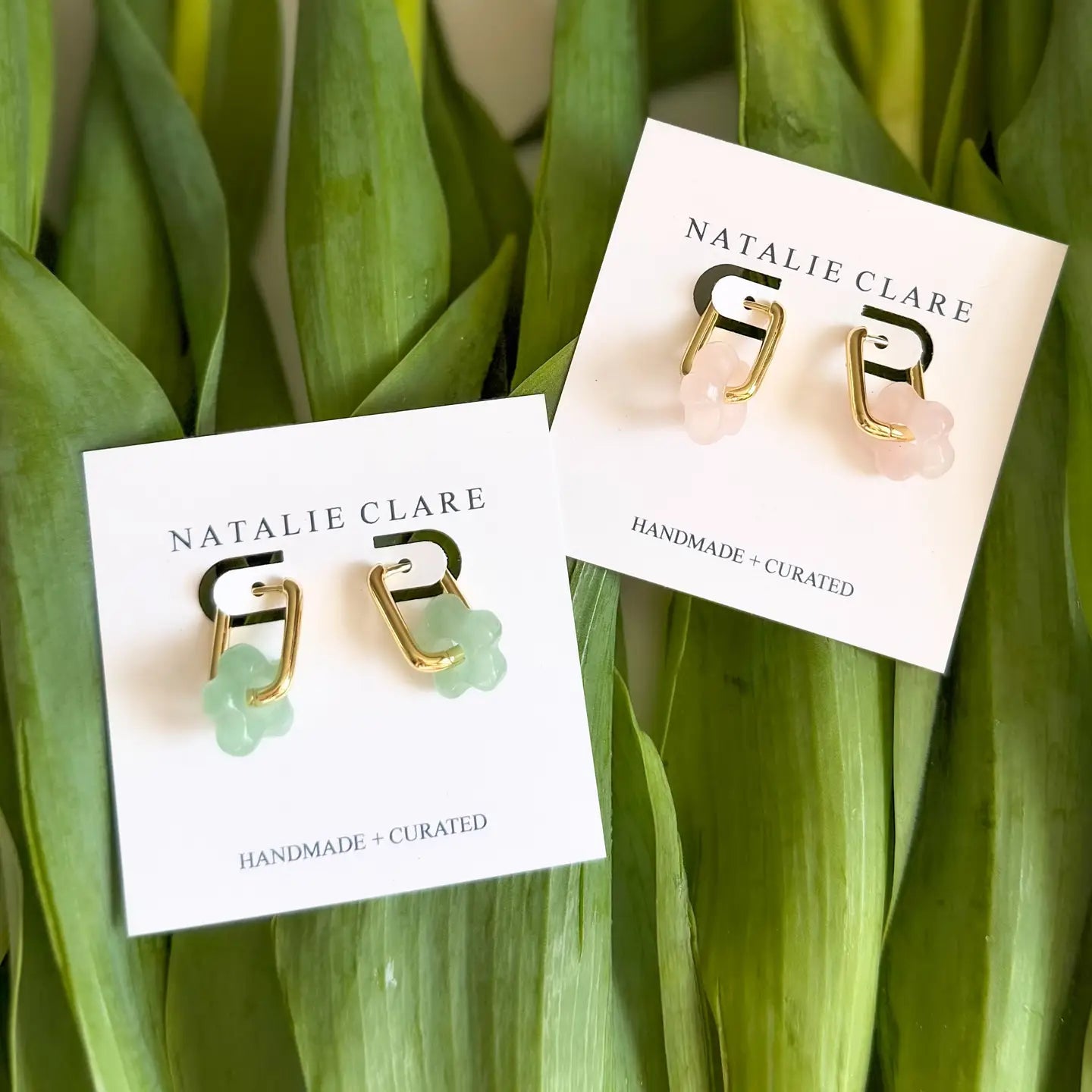 Stone Flower Hoops Earrings: Green Adventurine